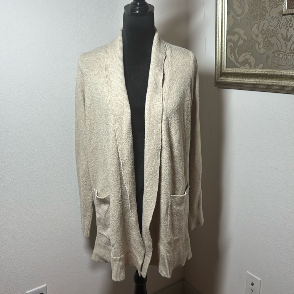 LOFT tan open front long cardigan sweater ribbed hem, collar and front sz M